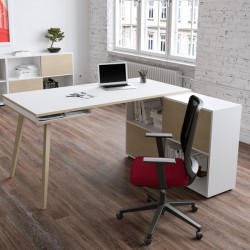 Workstation Midi - gambe in legno - 130 x 120 x H 81,5 cm - bianco / rovere