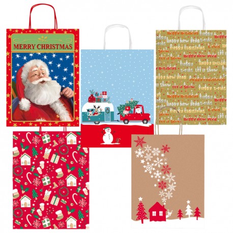 Shopper in carta kraft - con manici - 16 x 21 x 8 cm - fantasia natale - Rex Sadoch