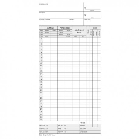 Scheda orologio presenze (controllo mensile) - cartoncino da 275 gr - 22,5 x 10,4 cm - DU158000000 - Data Ufficio - conf. 100 pe