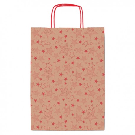 Shopper natale - 16 x 8 x 21 cm - carta kraft - fantasia stelline - rosso - Rex Sadoch