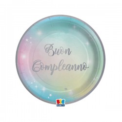 Piatto Soft Rainbow - Buon Compleanno - diametro 18 cm - carta - Big Party - conf. 8 pezzi