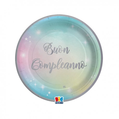 Piatto Soft Rainbow - Buon Compleanno - diametro 18 cm - carta - Big Party - conf. 8 pezzi